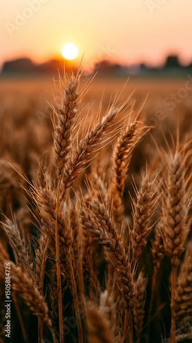 Golden Wheat Field at Sunset With Sunlight Illuminating the Crops Beautifully.