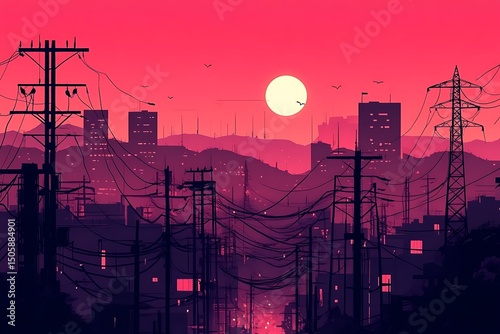 Flat 2D animation of power grid featuring transformers, power lines, cables, and power supply distribution