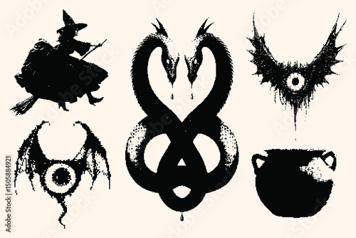 Mystical pixel sticker set. Witch, snake, occult eyes, and cauldron in dark halftone style. Perfect for Halloween, witchcore aesthetics, tattoo flash, and gothic design projects.