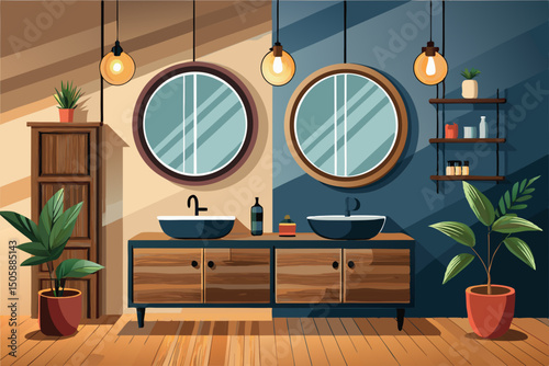 vector of Modern separate room decorated with wall mounted wooden vanity and black sink and lighted round mirrors