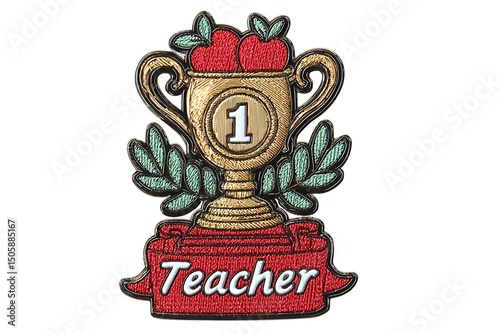 Bright trophy with ribbon, apples, and 