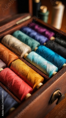 Colorful Thread Spools Arranged Neatly in Wooden Box Showcasing Various Shade...