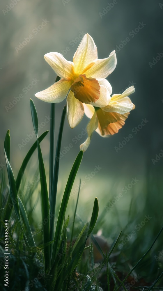 Fototapeta premium Beautiful Daffodils Blooming in a Misty Garden During Early Morning Light