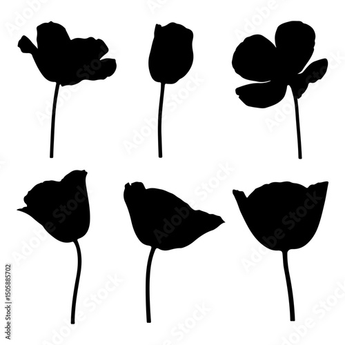 Set of Californian Poppy Icon Silhouette Illustration
