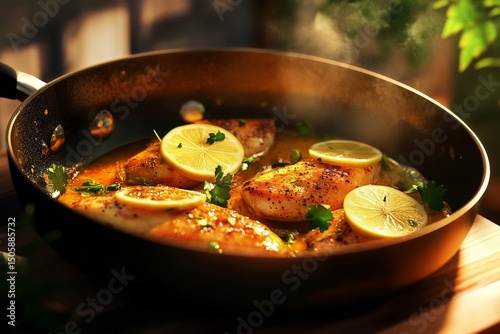 Cooking Fish Fillets With Lemon and Herbs in a Skillet on a Sunny Afternoon