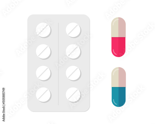 Pills package isolated flat cartoon icon vector graphic illustration set, medical tablets drugs cut out image clip art
