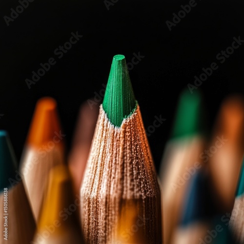 Green Pencil Tip Stands out Among Colorful Sharpened Pencils in Dark Background