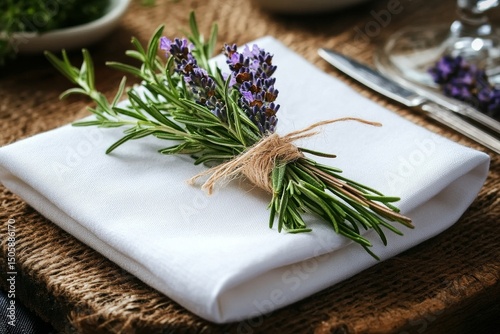 Elegant Table Setting With Fresh Herbs for a Rustic Dining Experience in a Co...