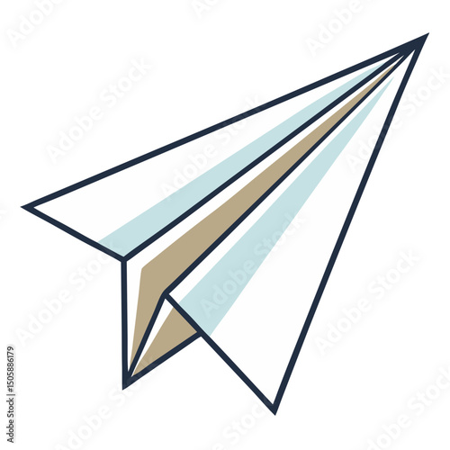 A stylized paper airplane illustration with white, light blue, and beige colored sections outlined in dark blue.
