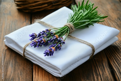 Elegant Napkin Arrangement With Fresh Herbs for a Rustic Dining Setting Indoors.