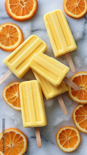 Bright and Refreshing Citrus Popsicles Arranged With Slices on a Marble Surface