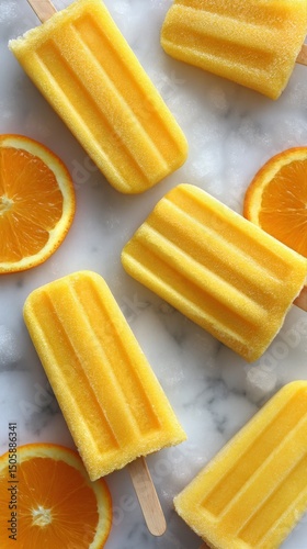 Bright and Refreshing Citrus Popsicles Arranged With Slices on a Marble Surface.