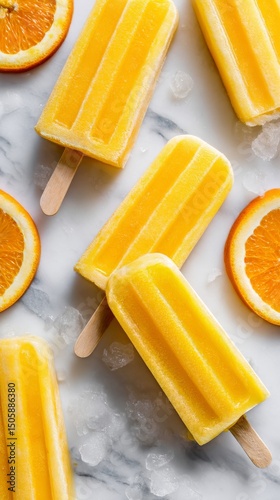 Bright Orange Popsicles Displayed on a Marble Surface With Fresh Orange Slices