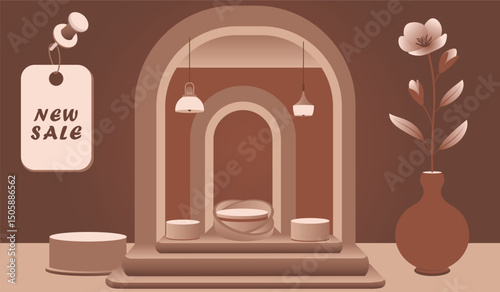 Podium scene with plants for catching product promotions templates, trendy display perfect for digital ads, branding labels, and social media banners
