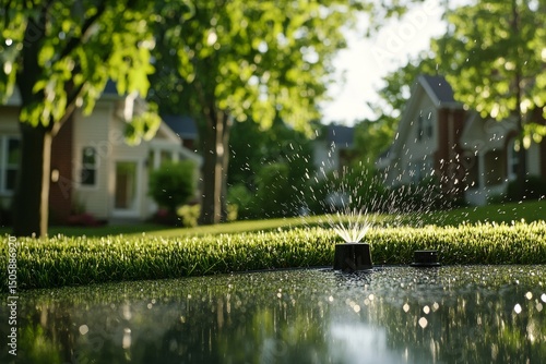 Sprinklers Watering Lush Green Grass in a Suburban Neighborhood During a Sunn...