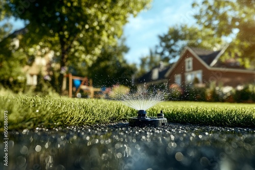 Garden Sprinkler Watering Grass in a Sunny Neighborhood During Afternoon Hours