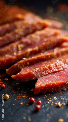 Slices of Fresh Beef Meat Arranged on a Dark Surface With Spices Sprinkled Ar...