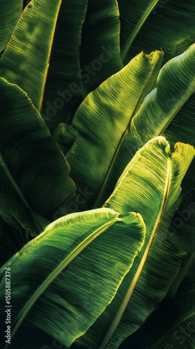 Tropical Green Leaves Illuminated by Sunlight Create a Vibrant Natural Backdr...