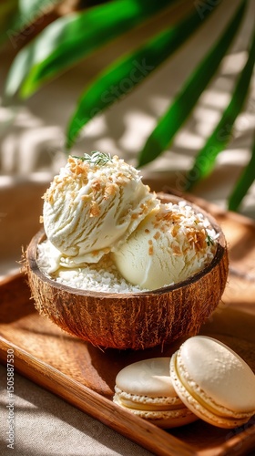 Delicious Coconut Ice Cream Served in a Natural Bowl With Macarons on a Woode...