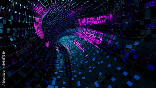 A high-tech sci-fi tunnel background designed with glowing digital lines and futuristic elements