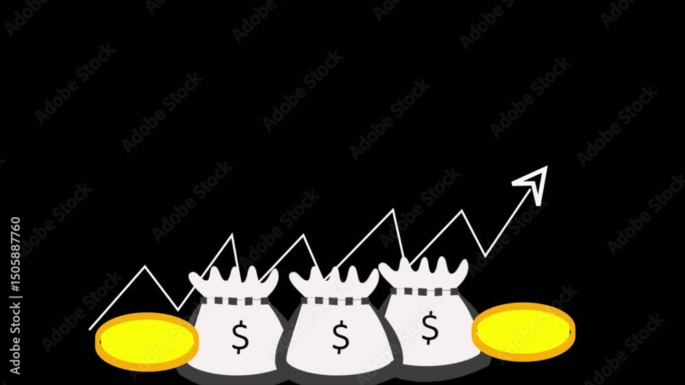 Collection of animated business charts and infographic elements and dollor signs with arrow in white color. black background.