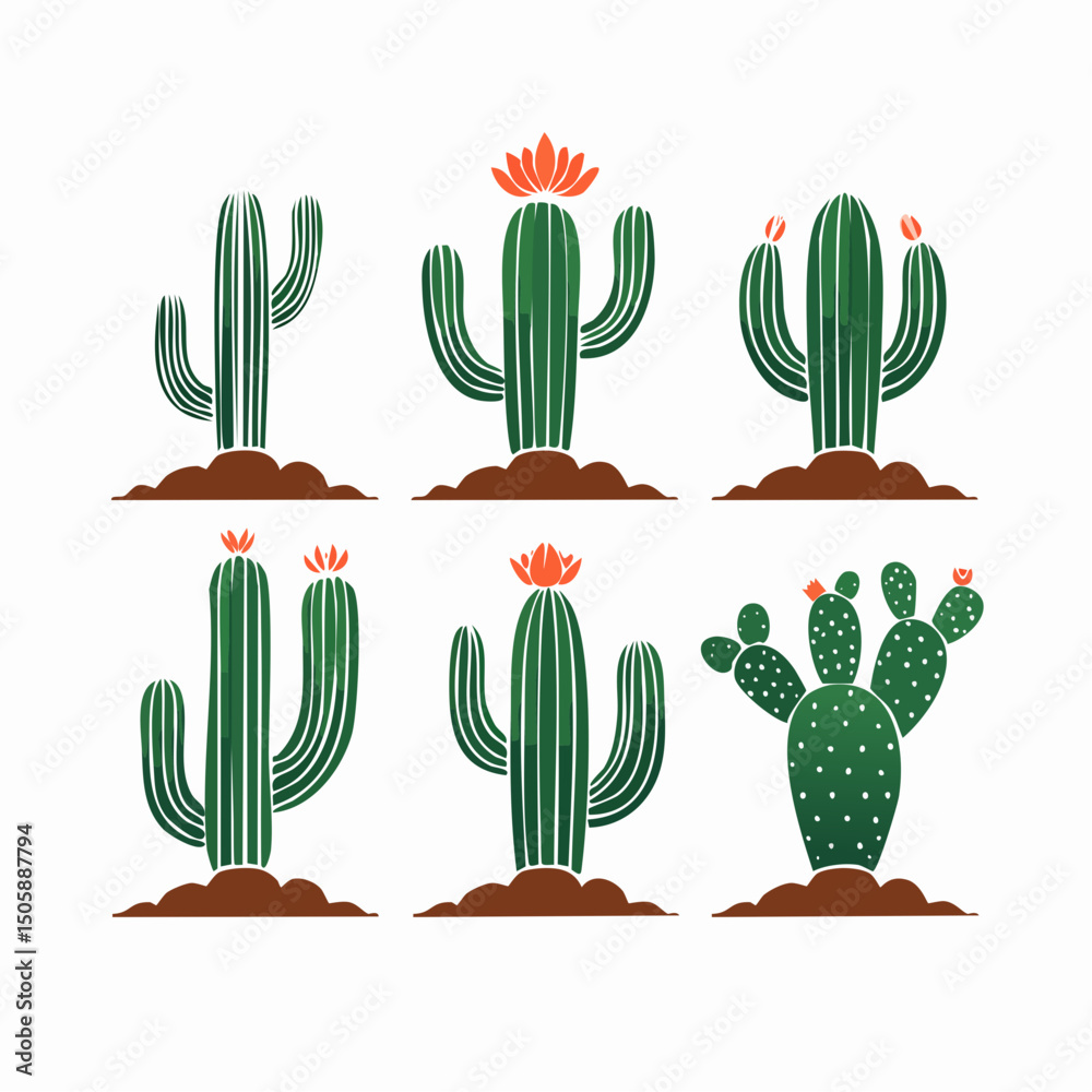 Ilustração de Cactos com Flores e Plantas Suculentas do Sertão Nordestino