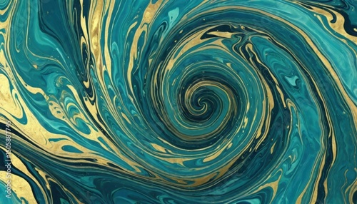 Abstract fluid art with swirling gold and teal shades creating a mesmerizing visual texture perfect for modern design backdrops and artistic projects