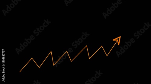 Animated rising arrow with yellow and growth graph comparative on black background. Business success and upward trends concept.