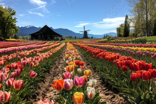 Colorful Tulip Fields in Bloom With a Windmill and Mountains Under a Bright Sky.