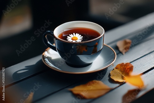 Coffee Cup With a Floating Flower on a Wooden Table at Midday.