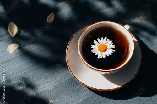 Unique Tea Presentation With Daisy Flower in Cup on Wooden Table During Brigh...