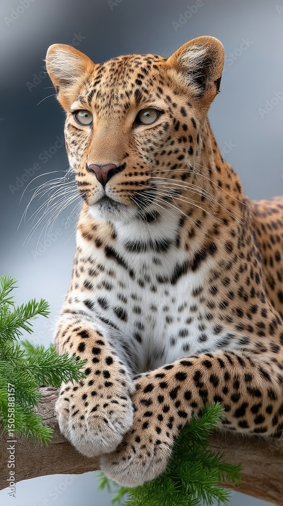 Obraz premium Leopard resting gracefully on an acacia tree branch in the savannah during a serene afternoon, showcasing striking features and natural beauty in vivid detail
