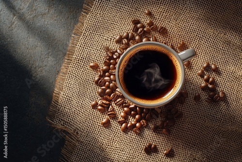 Steaming Cup of Coffee Surrounded by Roasted Beans on Burlap