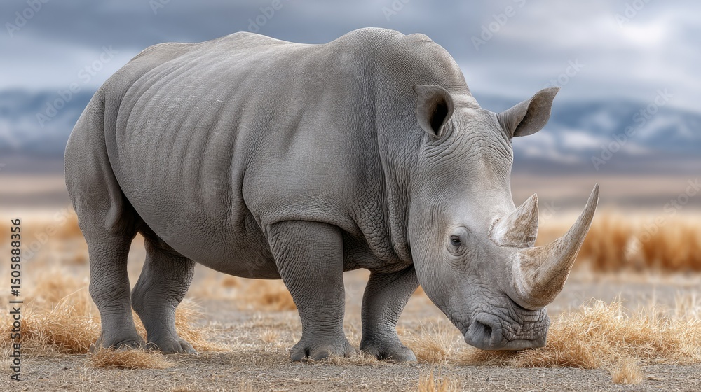 Obraz premium White rhinoceros grazes peacefully in the savanna while giraffes and other wildlife roam in the background of an African grassland landscape