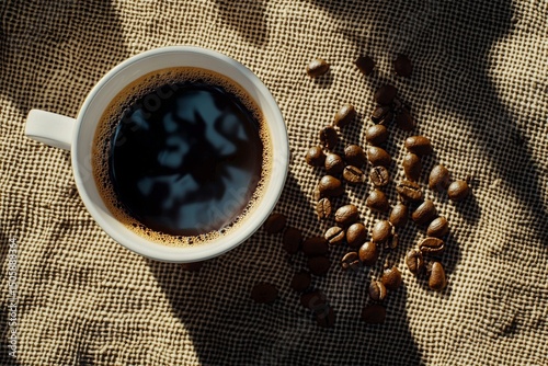 Steaming Cup of Coffee Surrounded by Roasted Beans on Burlap.