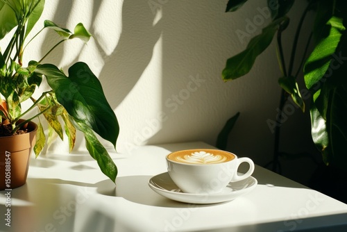 Cozy Morning Coffee Surrounded by Greenery in a Bright Setting