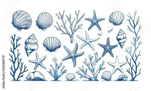Modern vector illustration set featuring a collection of sea-themed elements, easily editable and scalable.