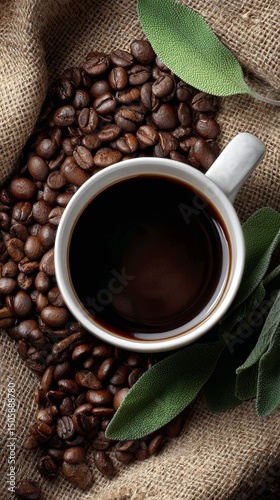 Freshly Brewed Coffee Cup Surrounded by Roasted Beans and Sage Leaves