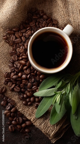 Coffee Cup Surrounded by Roasted Beans and Green Leaves on Burlap Fabric.