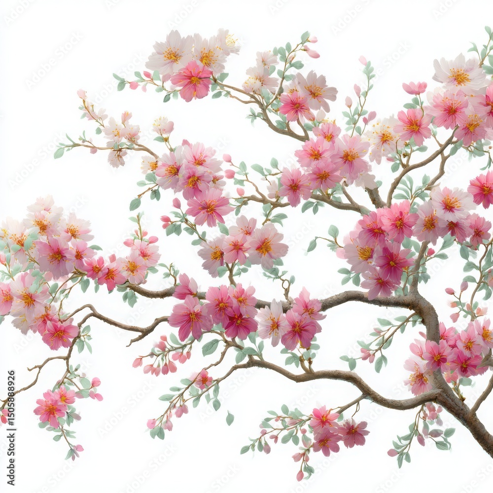 Obraz premium Pink cherry blossoms branch detail on white background
