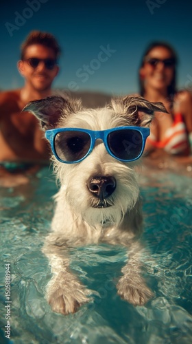 Dog Wearing Sunglasses Swimming in Pool With Friends During Summer Day.