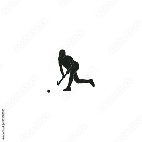 Silhouette of female field hockey player striking ball with stick on white background
