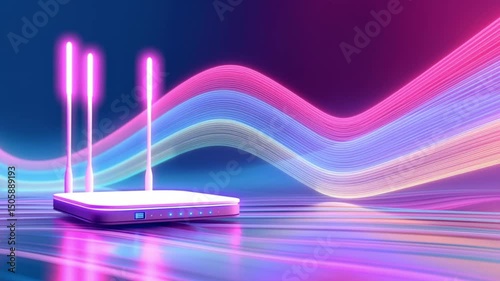 modern 5g router for home secure networks and online communication on a bright neon digital background with a gradient of blue and pink colors and copy space photo