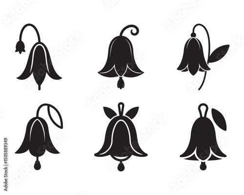 Simple black and white illustration of a withered Bluebell flower.