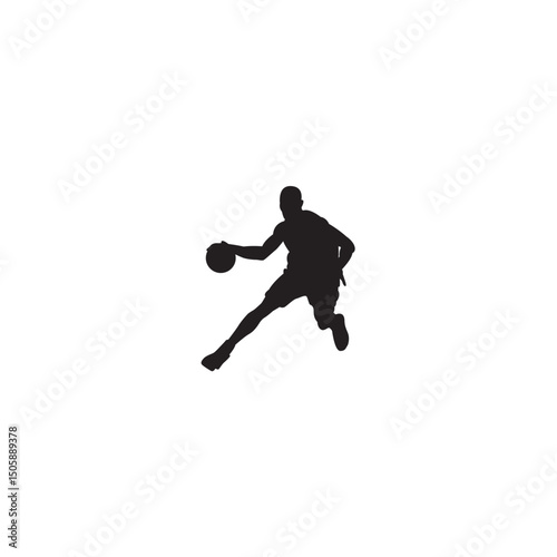 Silhouette of basketball player dribbling ball in motion black and white