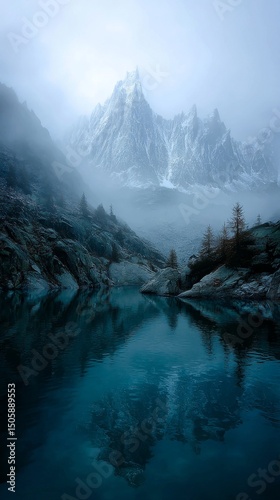 Majestic Mountain Landscape With Mist Over Tranquil Lake in the Early Morning.