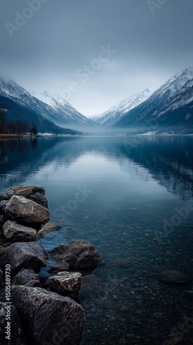 Mountain Range Reflected in Still Water Under Cloudy Sky During Early Morning...