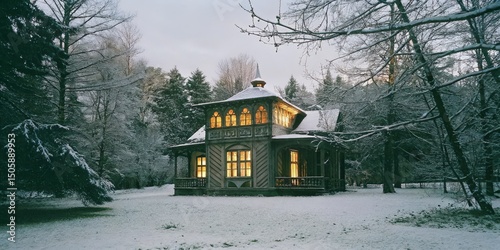 Snow-covered house in winter forest