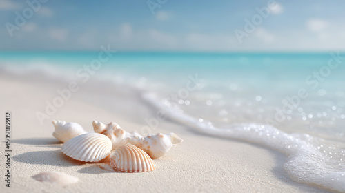 serene beach scene featuring exotic seashells scattered on soft white sand