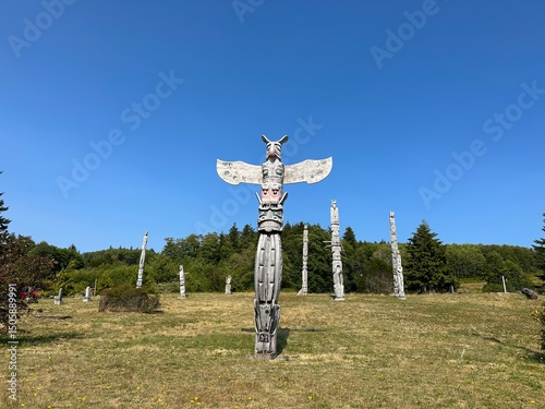 Namgis First Nation Totem poles, Namgis Burial Grounds, the Village of Alert Bay, Cormorant Island, British Columbia. Canada